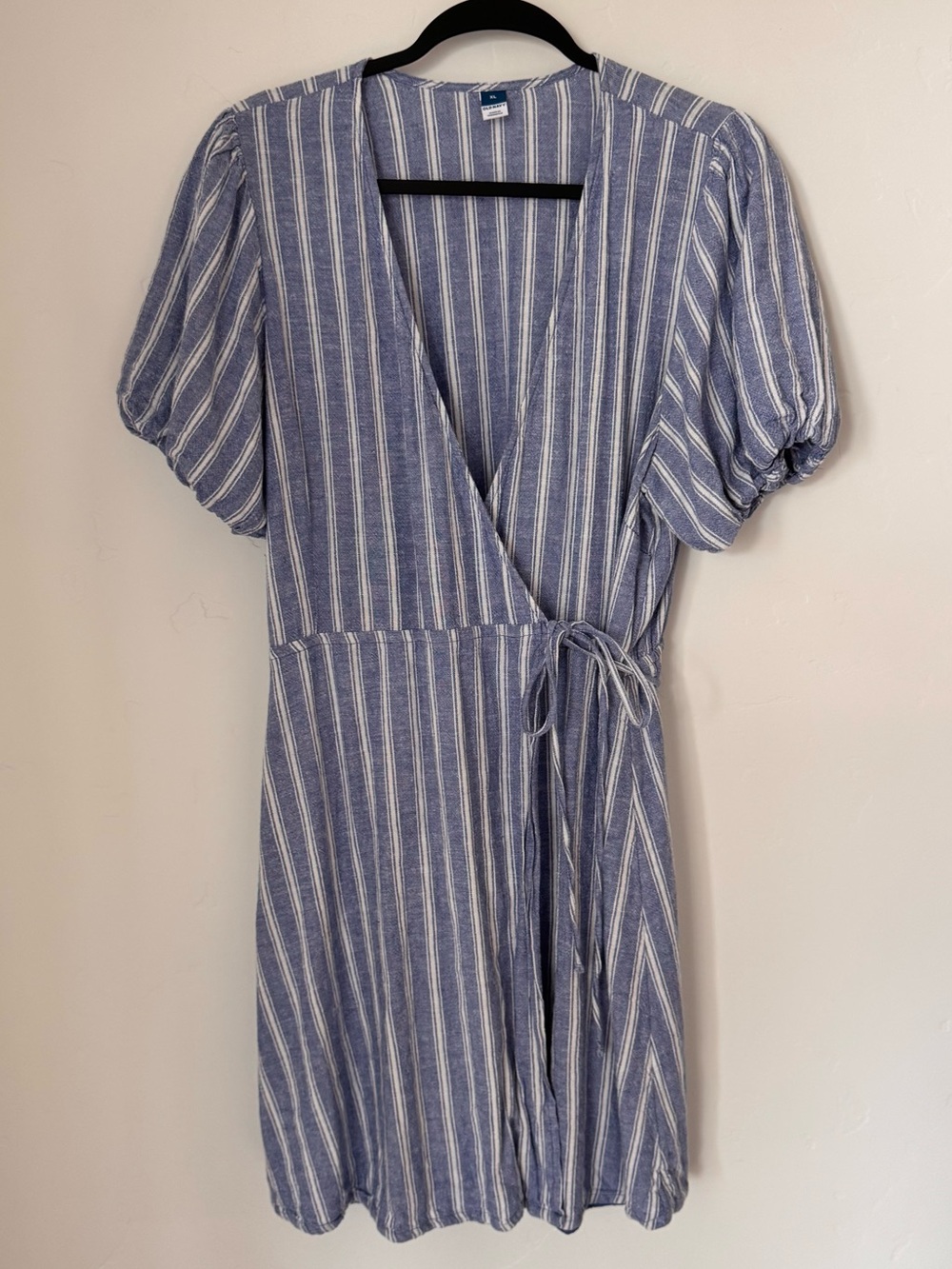 Old Navy Linen Cotton Blend Coastal Nautical Striped Puff Sleeve Wrap Dress XL